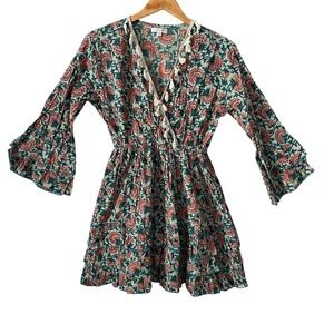 Karma Highway Floral Block Print Tassel V-Neck Bell Sleeve Mini Dress Sz Med